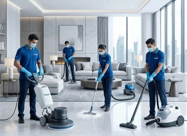Professional cleaners working in a bright modern home
